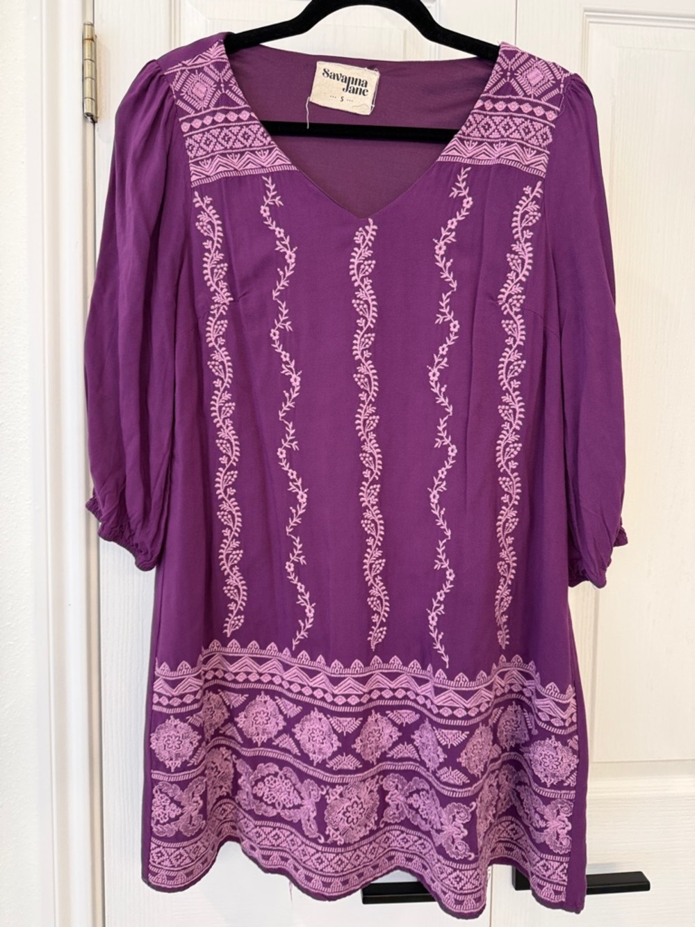 Savanna Jane Purple Embroidered Boho Peasant Tunic Dress Size S